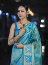 Banarasee Handloom Dual Tone Shimmer Silk Saree With Buti Design & Temple Border-Blue (Gold Tone)