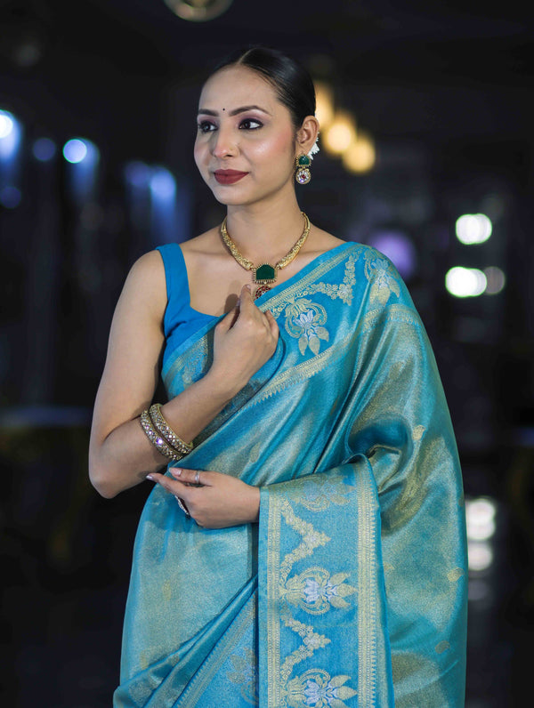 Banarasee Handloom Dual Tone Shimmer Silk Saree With Buti Design & Temple Border-Blue (Gold Tone)