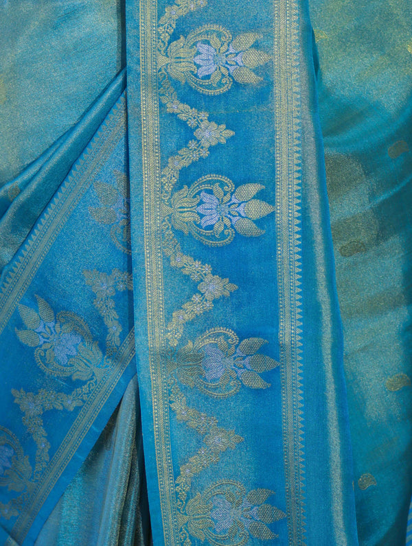 Banarasee Handloom Dual Tone Shimmer Silk Saree With Buti Design & Temple Border-Blue (Gold Tone)
