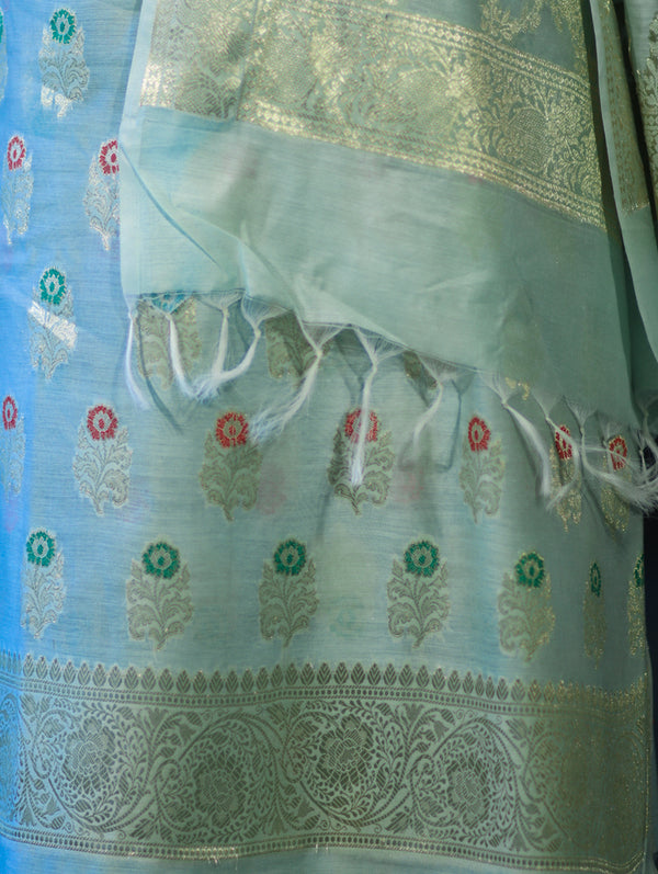 Banarasee Cotton Silk Zari Work Salwar Kameez Fabric With Jaal Design Dupatta Set-Dusty Green