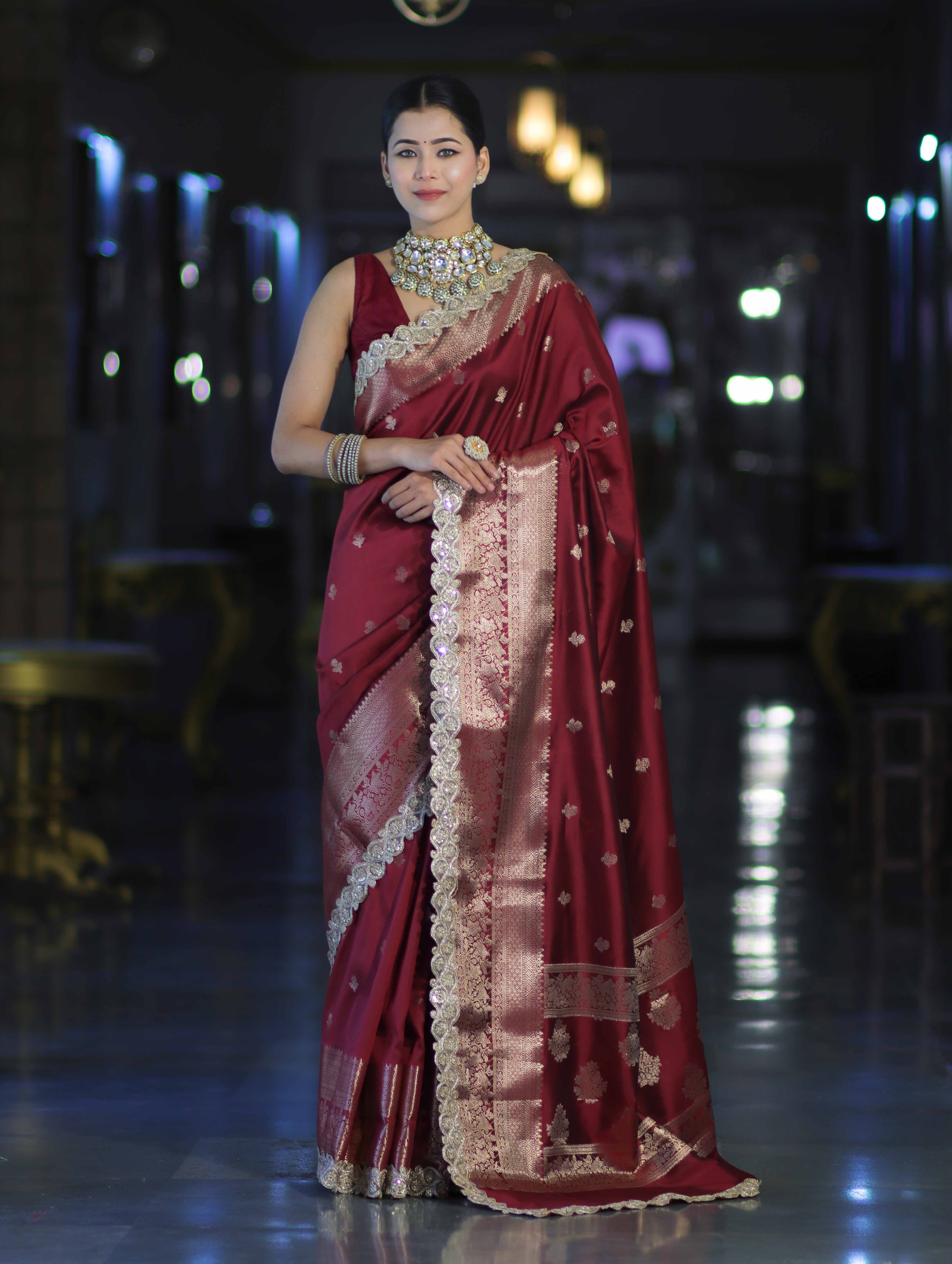 Banarasee Handloom Semi Silk Saree With Zari Buti Design & Lace Border-Deep Maroon