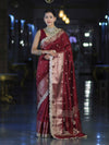 Banarasee Handloom Semi Silk Saree With Zari Buti Design & Lace Border-Deep Maroon
