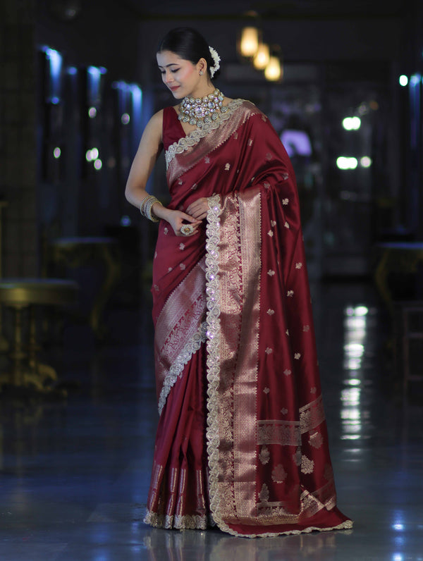 Banarasee Handloom Semi Silk Saree With Zari Buti Design & Lace Border-Deep Maroon