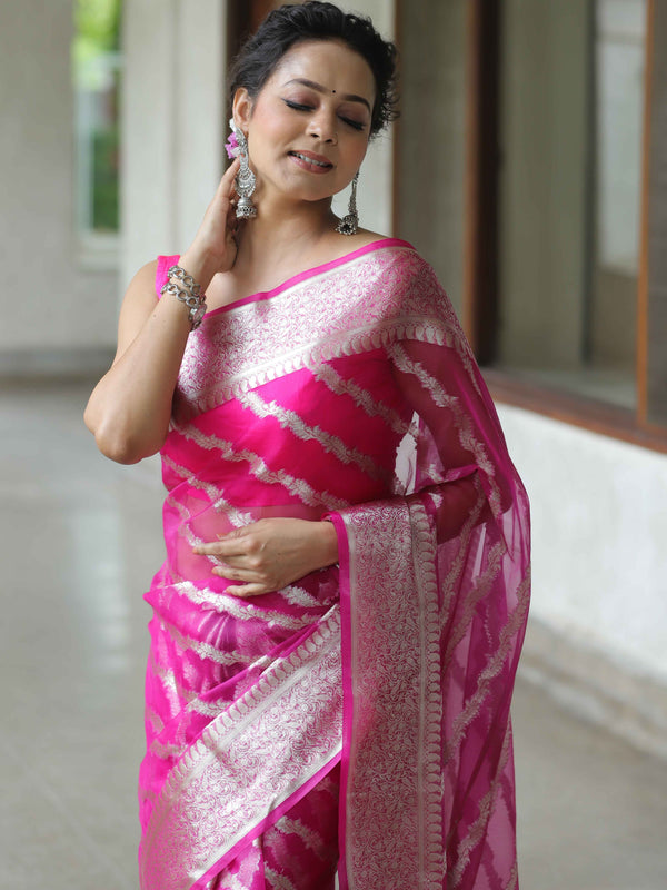 Banarasee Organza Mix Saree With Silver Zari Design & Border-Pink