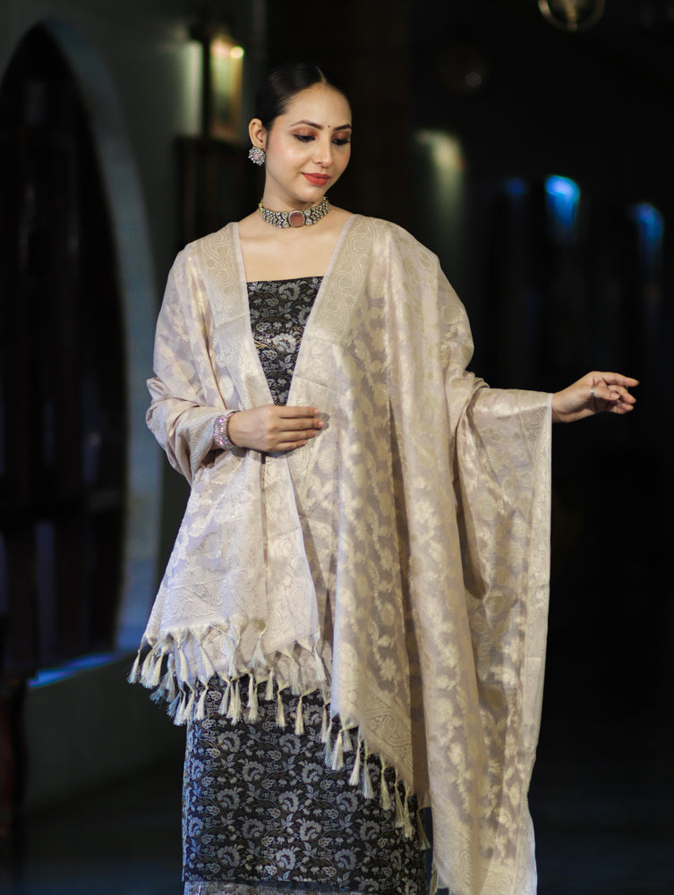 Banarasee Brocade Salwar Kameez Fabric With Jaal Design Contrast Dupatta-Black & Cream