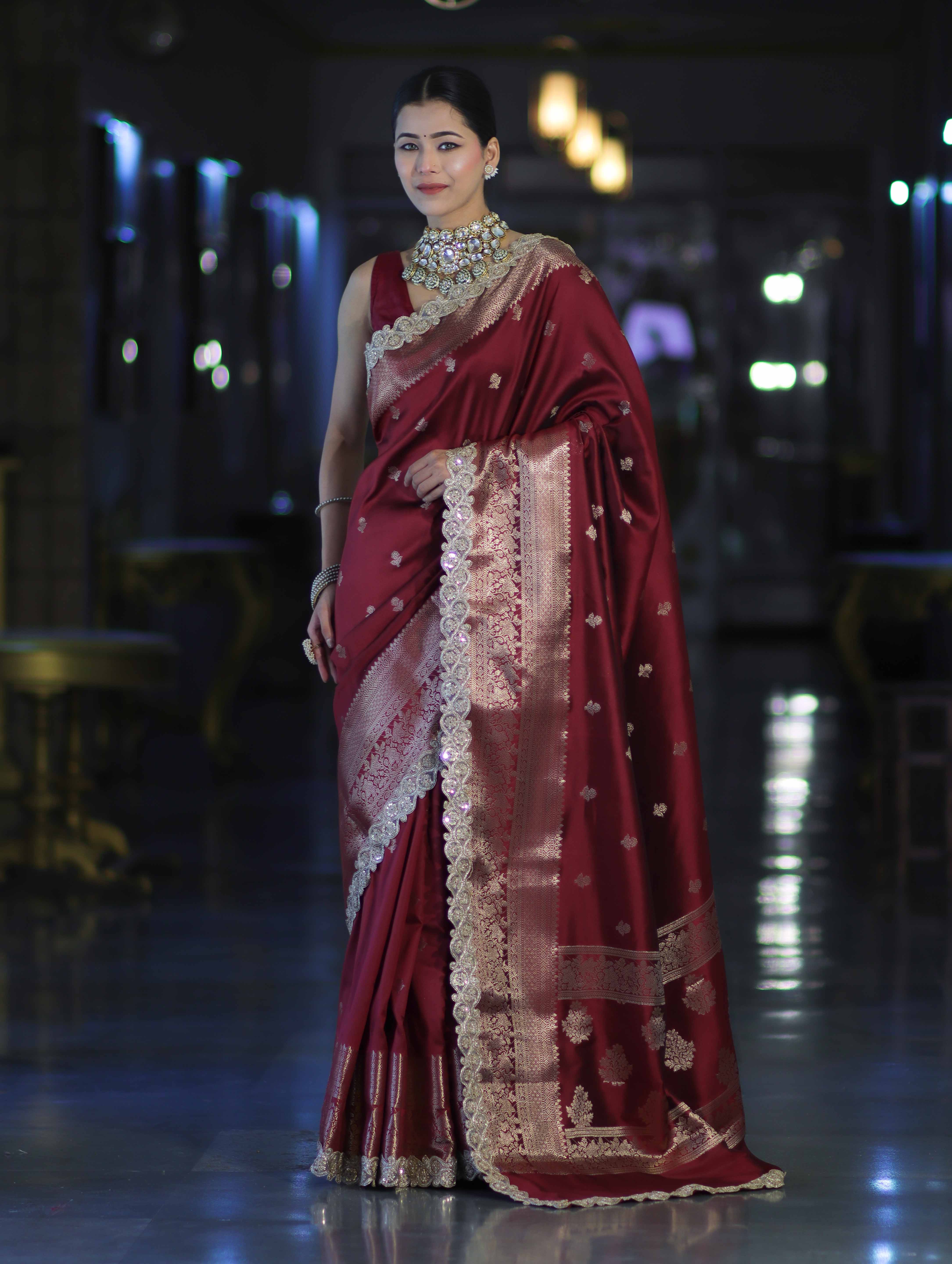 Banarasee Handloom Semi Silk Saree With Zari Buti Design & Lace Border-Deep Maroon