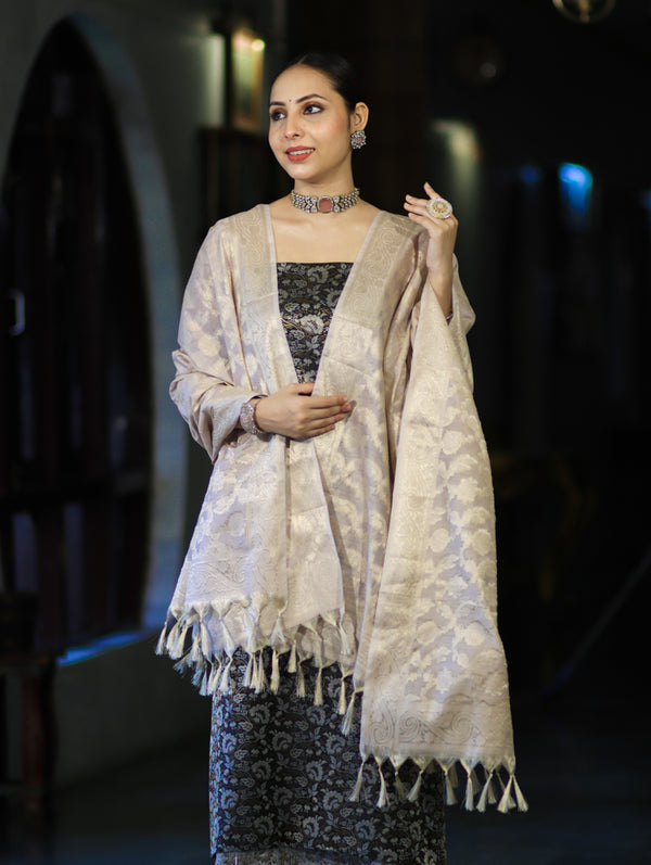 Banarasee Brocade Salwar Kameez Fabric With Jaal Design Contrast Dupatta-Black & Cream