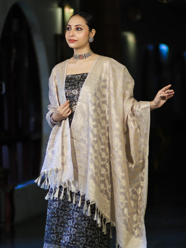 Banarasee Brocade Salwar Kameez Fabric With Jaal Design Contrast Dupatta-Black & Cream