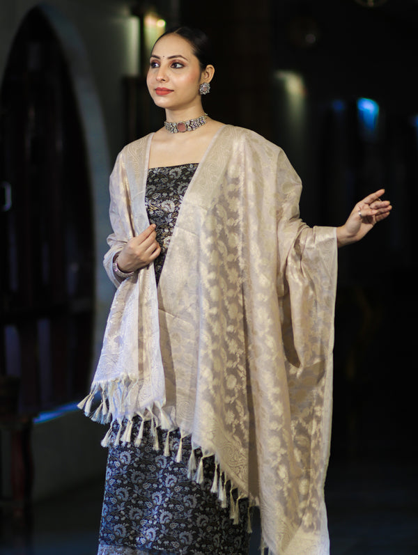 Banarasee Brocade Salwar Kameez Fabric With Jaal Design Contrast Dupatta-Black & Cream