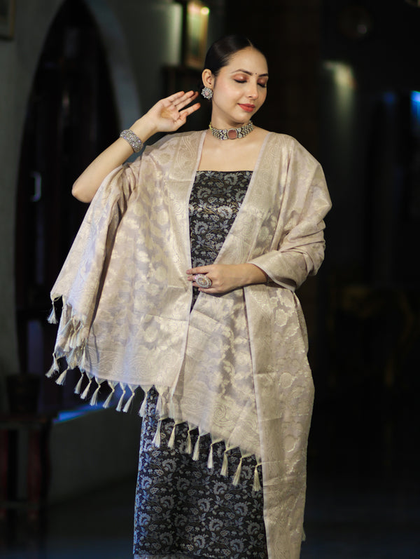 Banarasee Brocade Salwar Kameez Fabric With Jaal Design Contrast Dupatta-Black & Cream