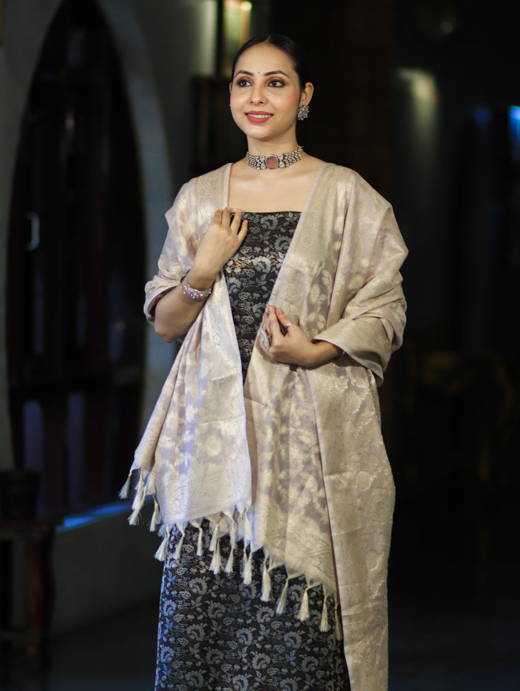 Banarasee Brocade Salwar Kameez Fabric With Jaal Design Contrast Dupatta-Black & Cream