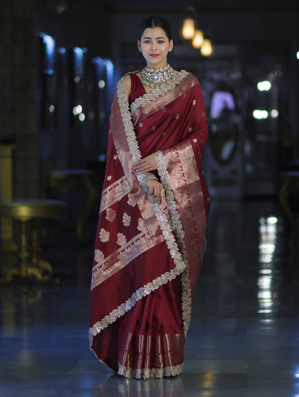 Banarasee Handloom Semi Silk Saree With Zari Buti Design & Lace Border-Deep Maroon