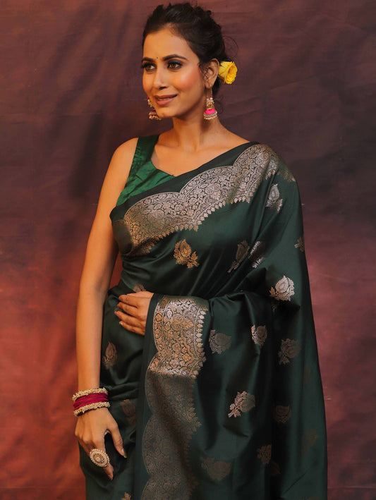 Banarasi Semi Silk Saree With Zari Buti Weaving-Green main image 0