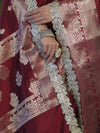 Banarasee Handloom Semi Silk Saree With Zari Buti Design & Lace Border-Deep Maroon