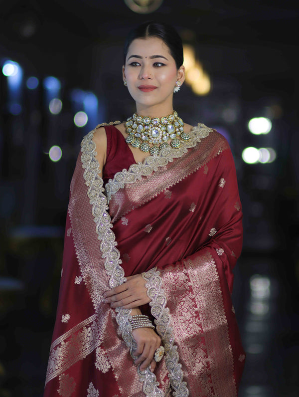 Banarasee Handloom Semi Silk Saree With Zari Buti Design & Lace Border-Deep Maroon