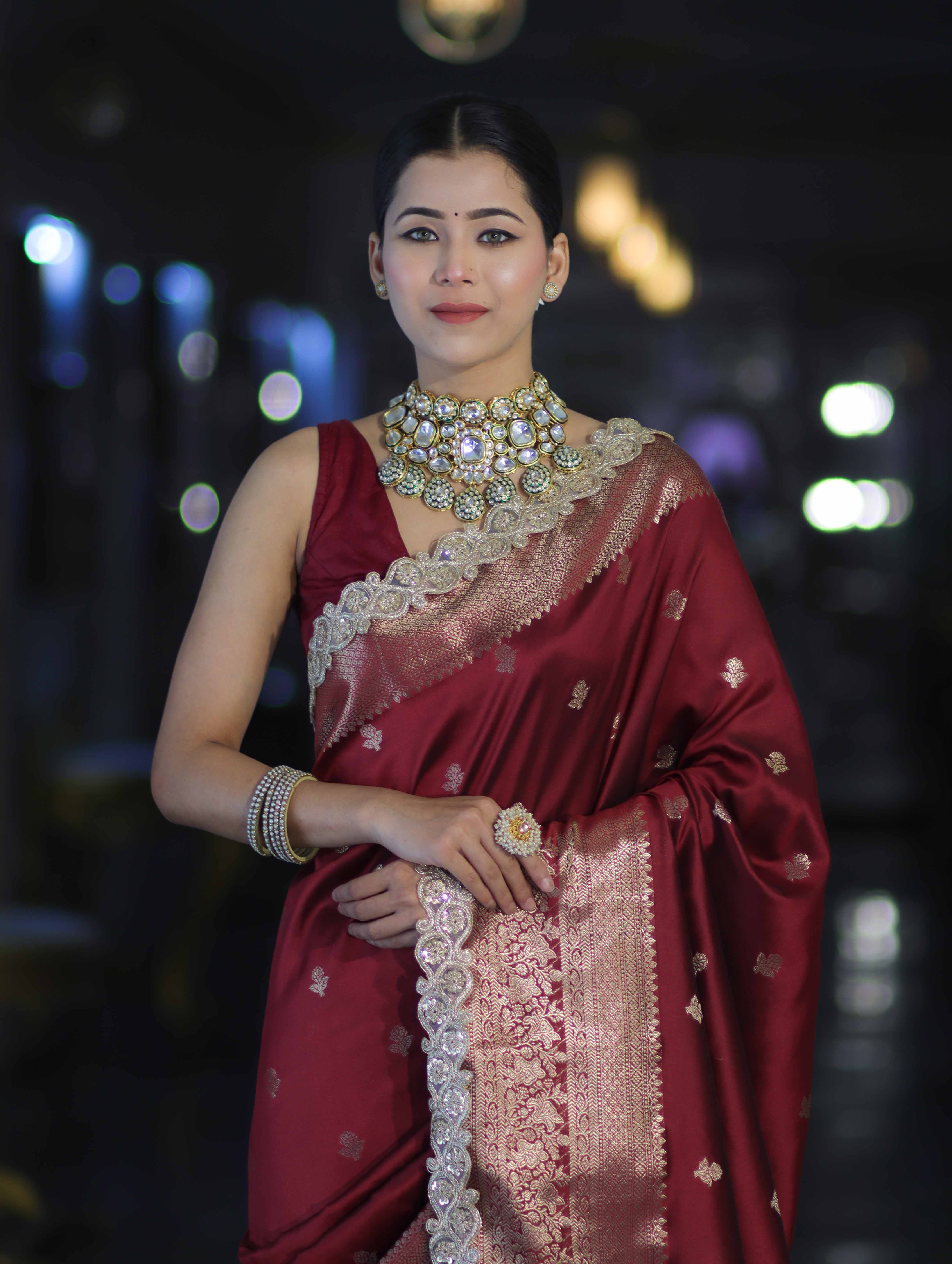 Banarasee Handloom Semi Silk Saree With Zari Buti Design & Lace Border-Deep Maroon