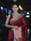 Banarasee Handloom Semi Silk Saree With Zari Buti Design & Lace Border-Deep Maroon