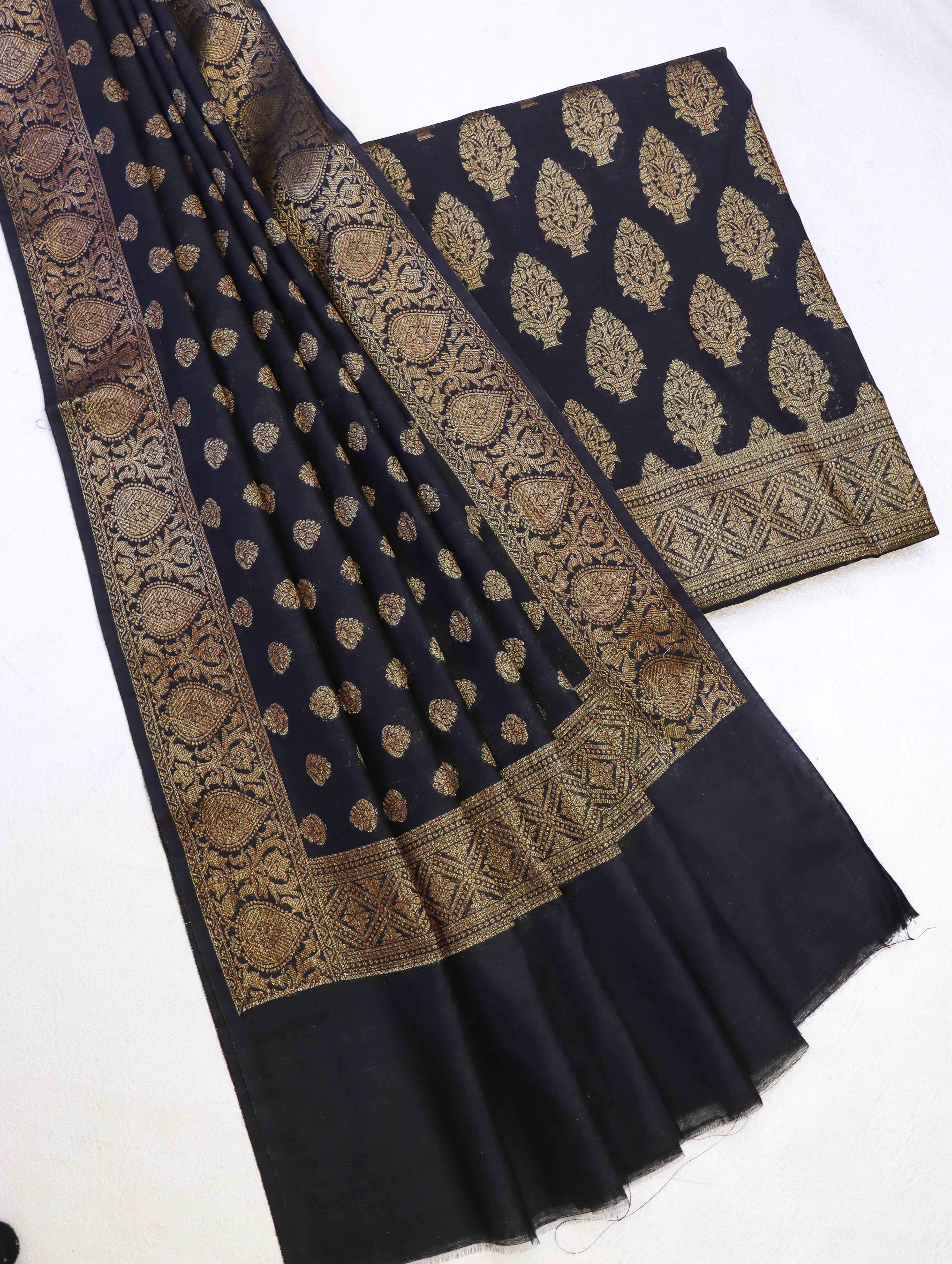 Banarasee Cotton Silk Zari Buta Work Salwar Kameez Fabric With Dupatta Set-Black