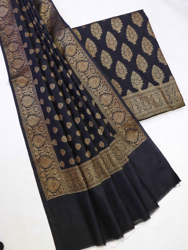 Banarasee Cotton Silk Zari Buta Work Salwar Kameez Fabric With Dupatta Set-Black