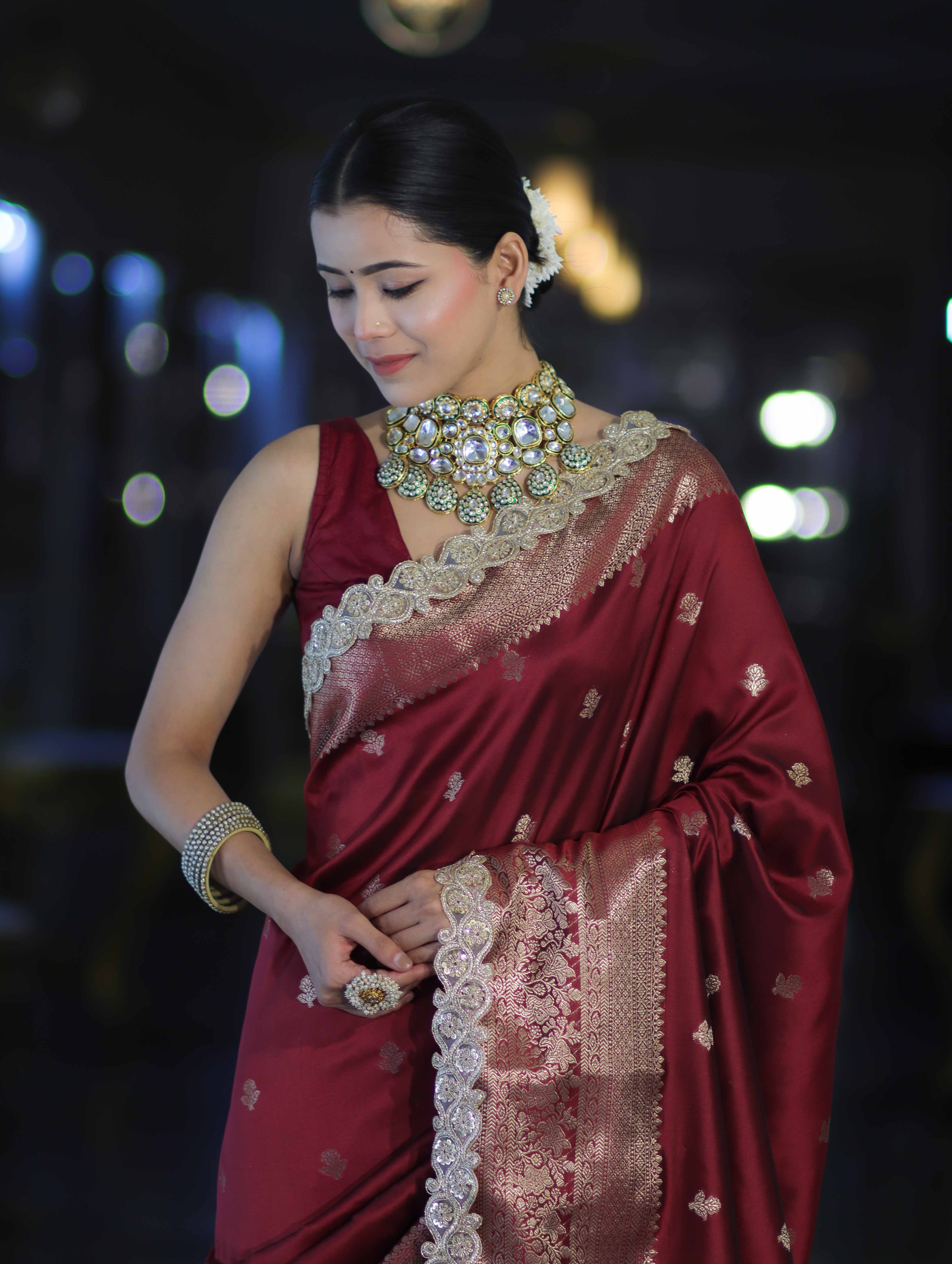 Banarasee Handloom Semi Silk Saree With Zari Buti Design & Lace Border-Deep Maroon