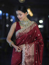 Banarasee Handloom Semi Silk Saree With Zari Buti Design & Lace Border-Deep Maroon