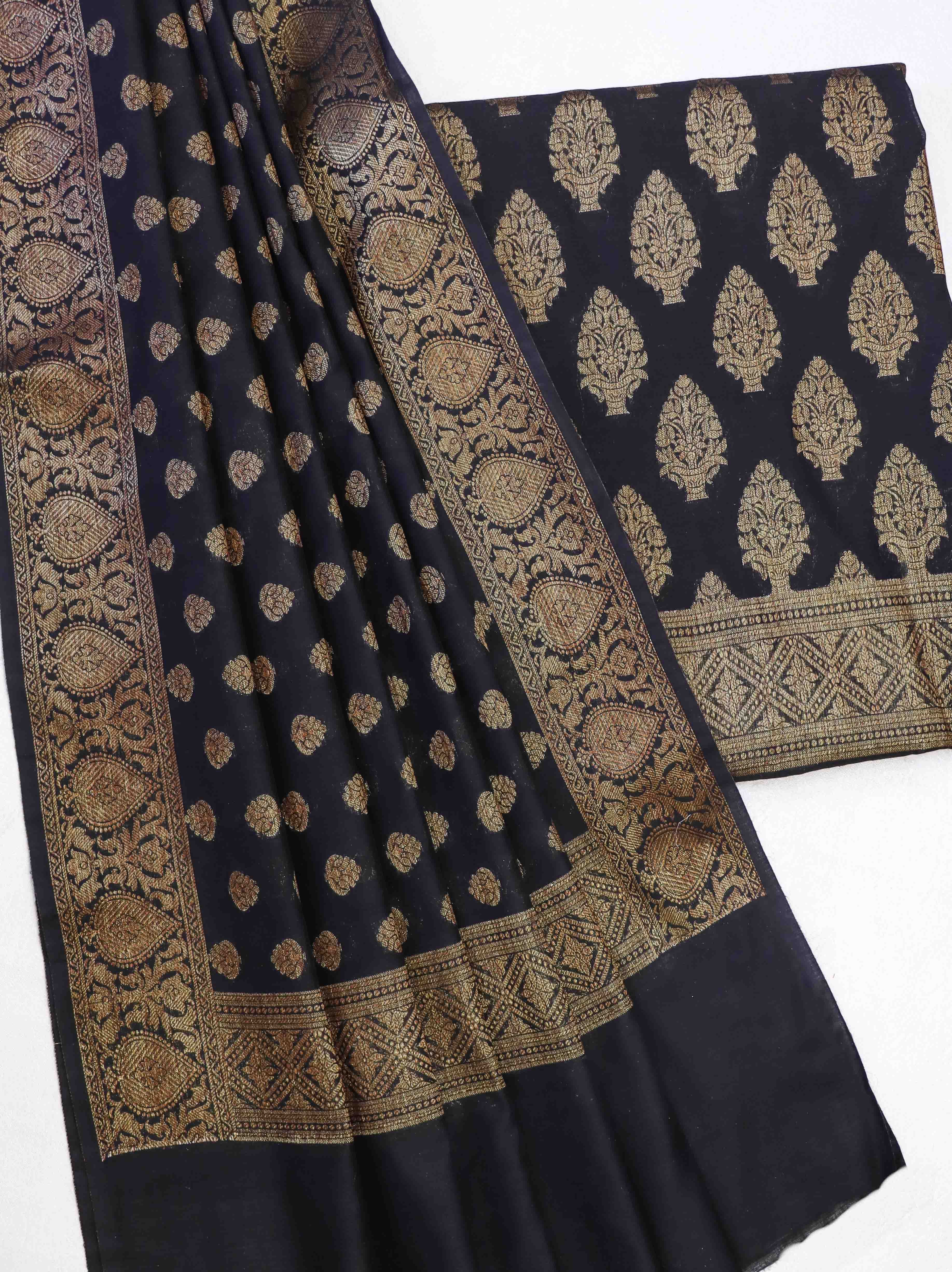 Banarasee Cotton Silk Zari Buta Work Salwar Kameez Fabric With Dupatta Set-Black