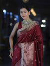 Banarasee Handloom Semi Silk Saree With Zari Buti Design & Lace Border-Deep Maroon