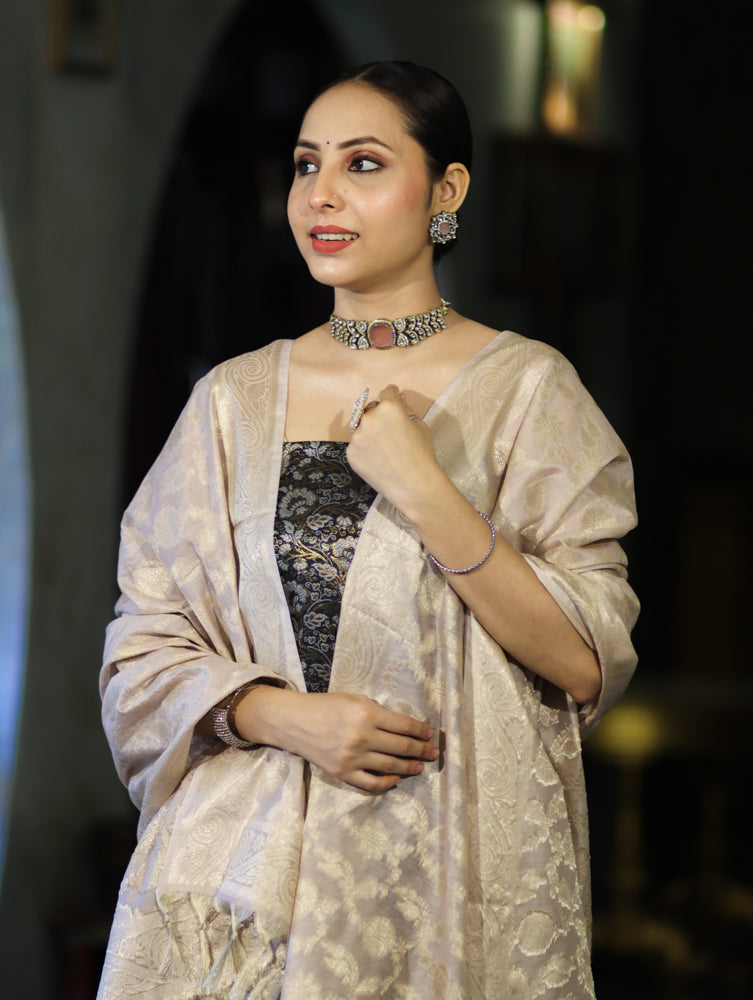 Banarasee Brocade Salwar Kameez Fabric With Jaal Design Contrast Dupatta-Black & Cream