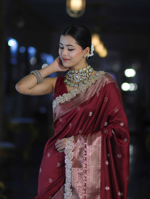 Banarasee Handloom Semi Silk Saree With Zari Buti Design & Lace Border-Deep Maroon