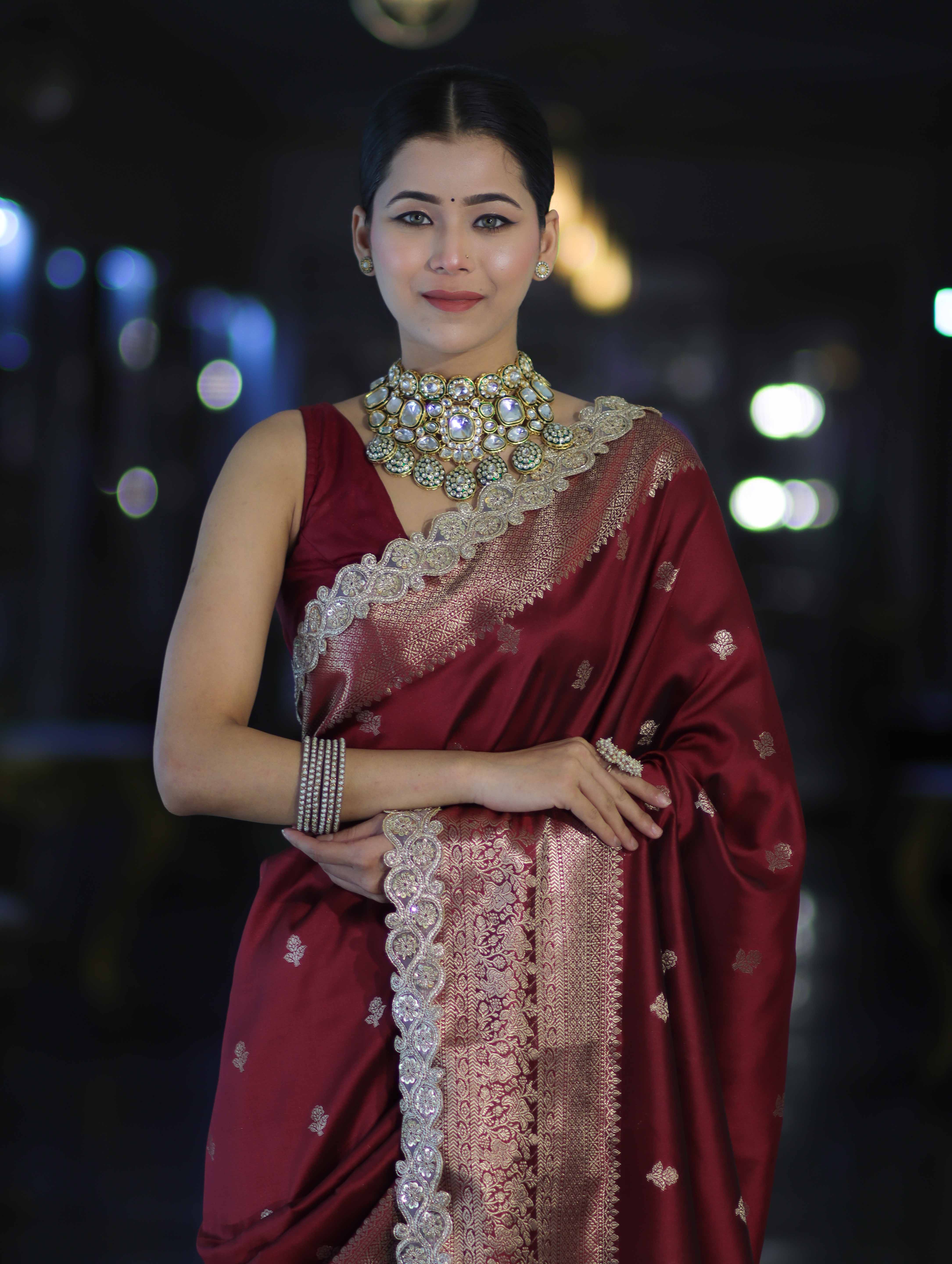 Banarasee Handloom Semi Silk Saree With Zari Buti Design & Lace Border-Deep Maroon