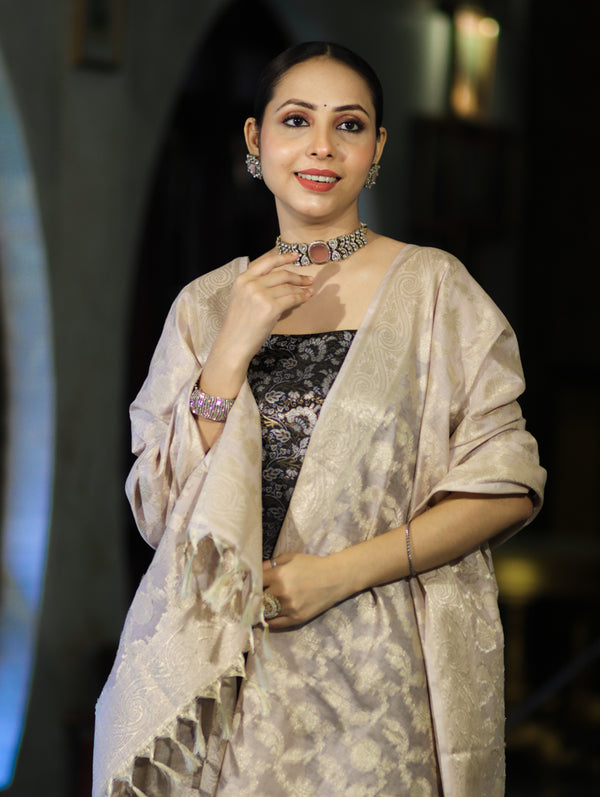 Banarasee Brocade Salwar Kameez Fabric With Jaal Design Contrast Dupatta-Black & Cream