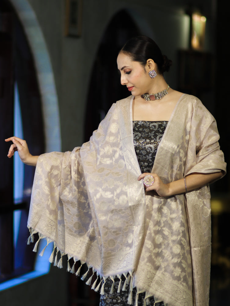 Banarasee Brocade Salwar Kameez Fabric With Jaal Design Contrast Dupatta-Black & Cream
