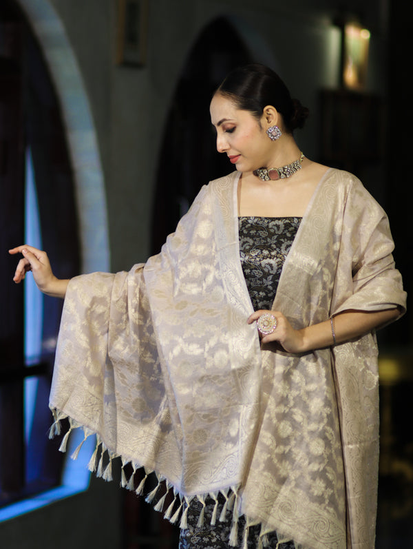 Banarasee Brocade Salwar Kameez Fabric With Jaal Design Contrast Dupatta-Black & Cream