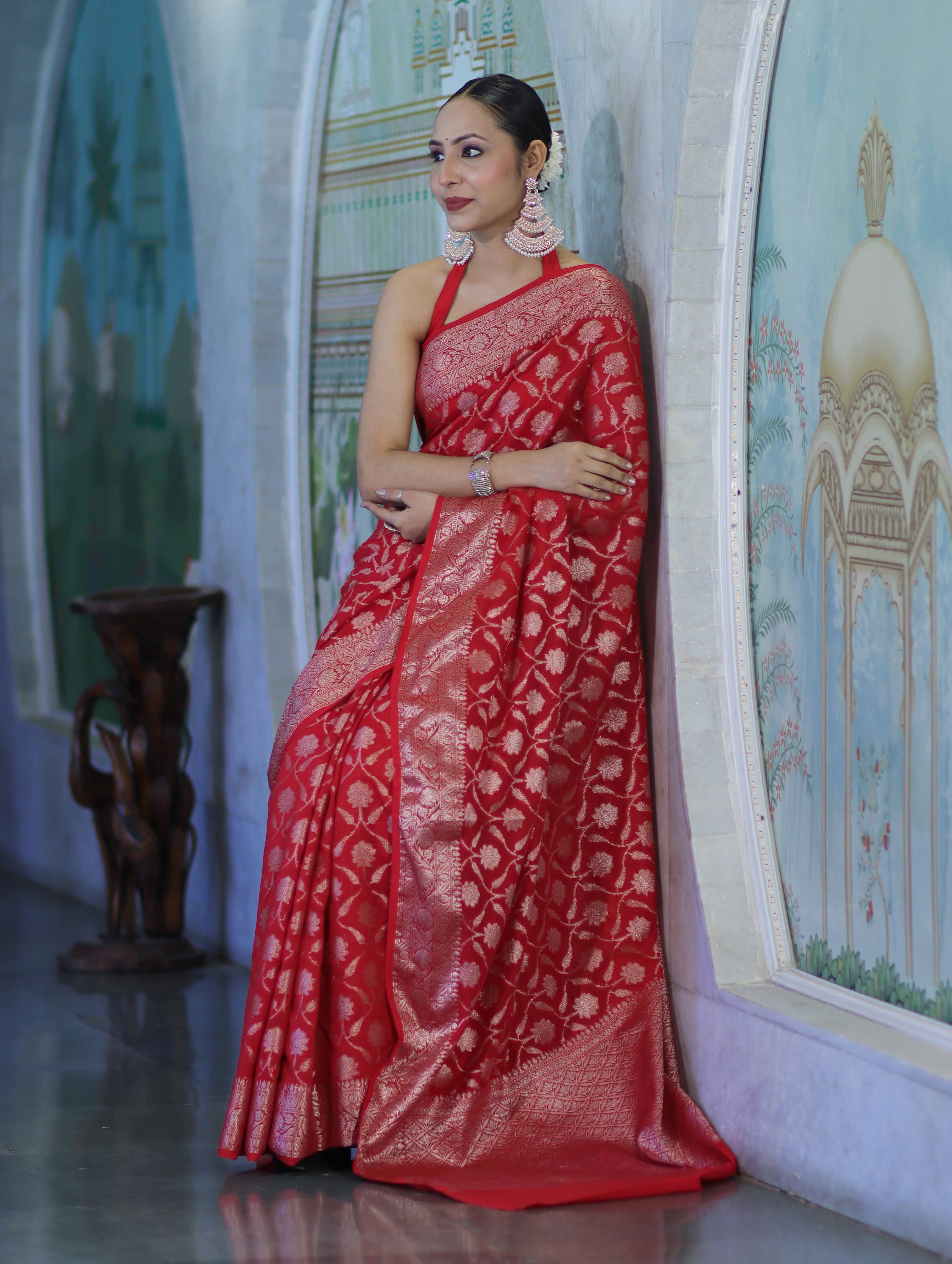 Banarasee Handwoven Georgette Saree With Zari Jaal Design & Border-Red