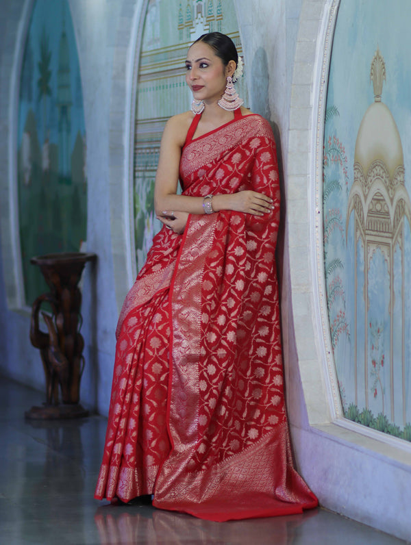 Banarasee Handwoven Georgette Saree With Zari Jaal Design & Border-Red