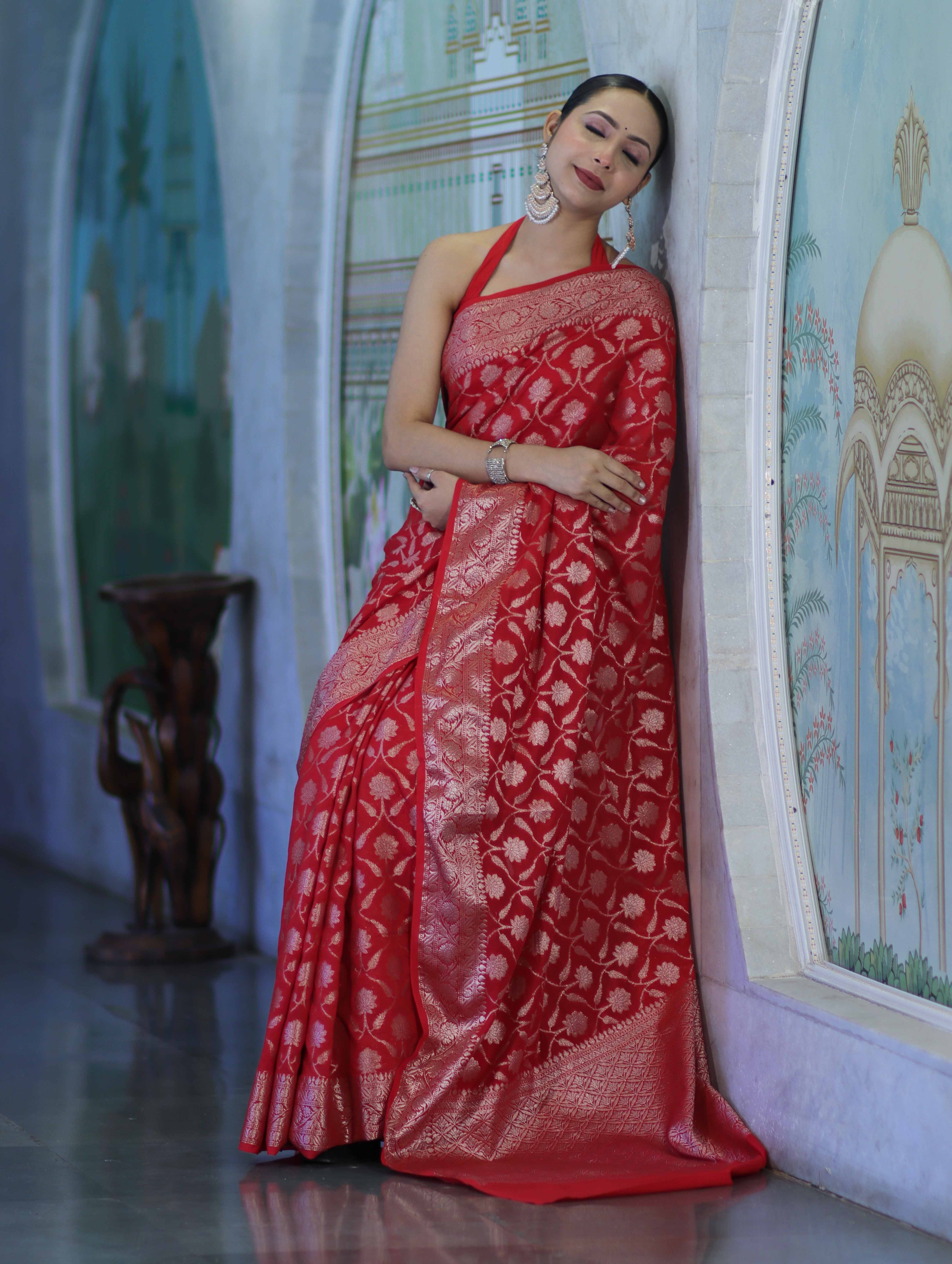 Banarasee Handwoven Georgette Saree With Zari Jaal Design & Border-Red