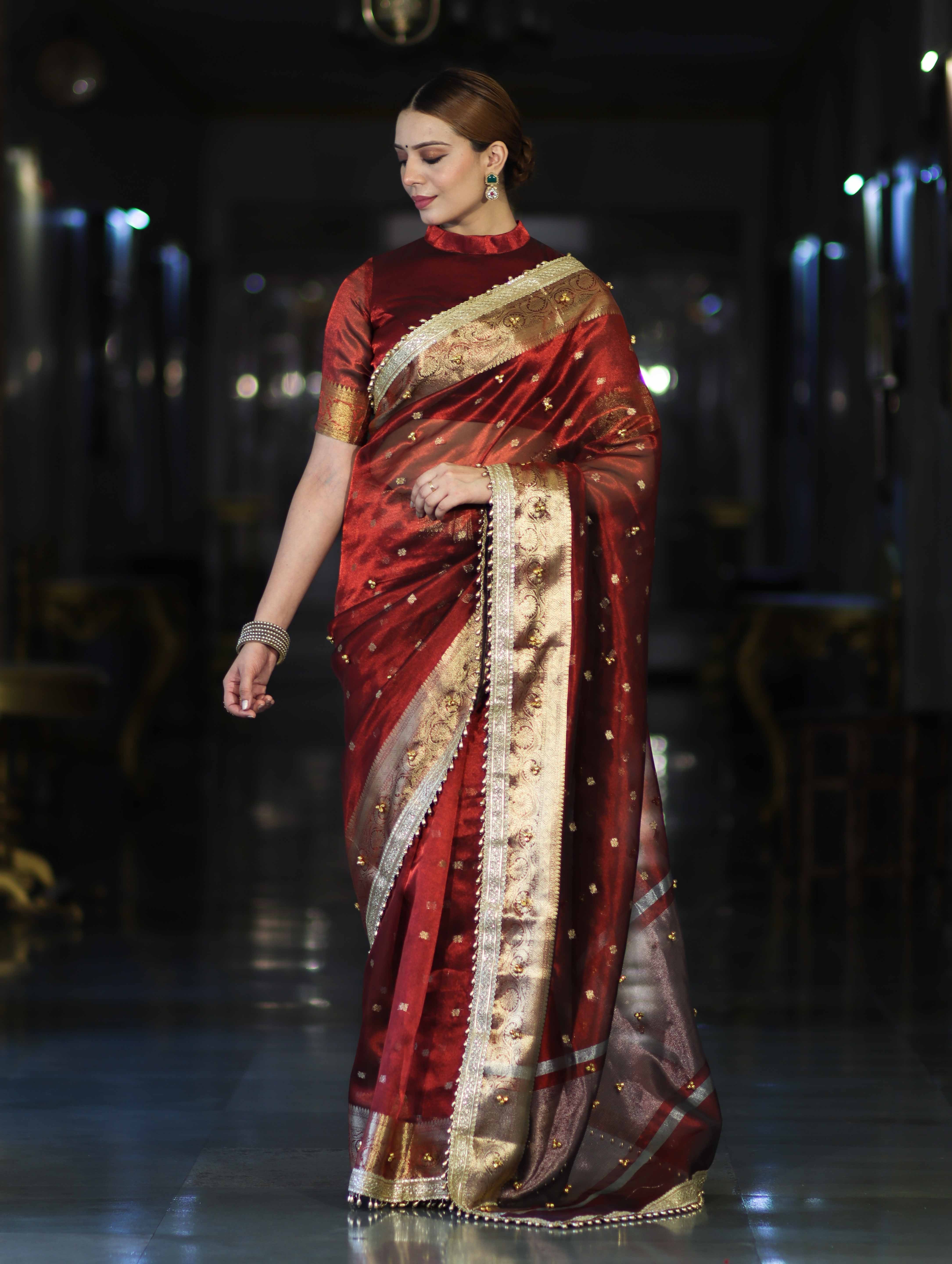 Banarasee Handwoven Tissue Saree With Embroidered Ghungroo Work-Maroon