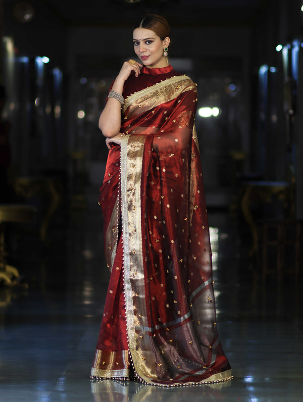 Banarasee Handwoven Tissue Saree With Embroidered Ghungroo Work-Maroon