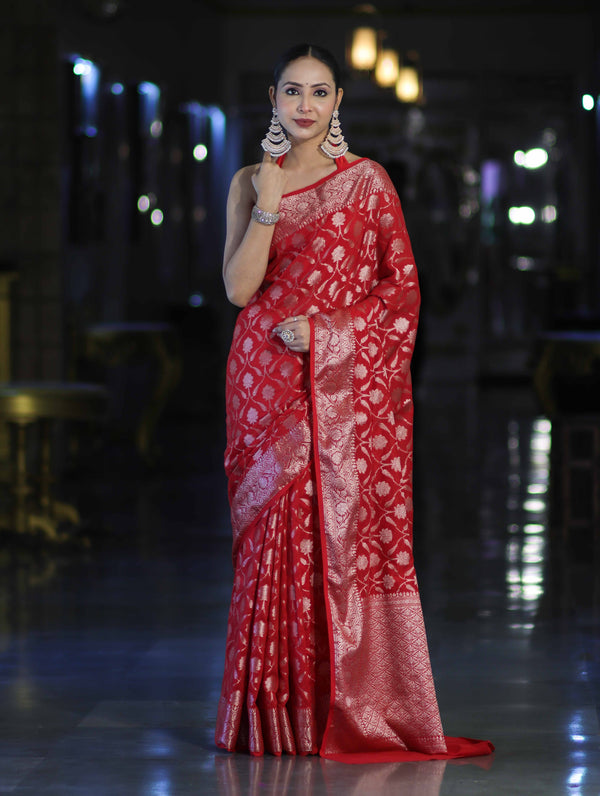 Banarasee Handwoven Georgette Saree With Zari Jaal Design & Border-Red