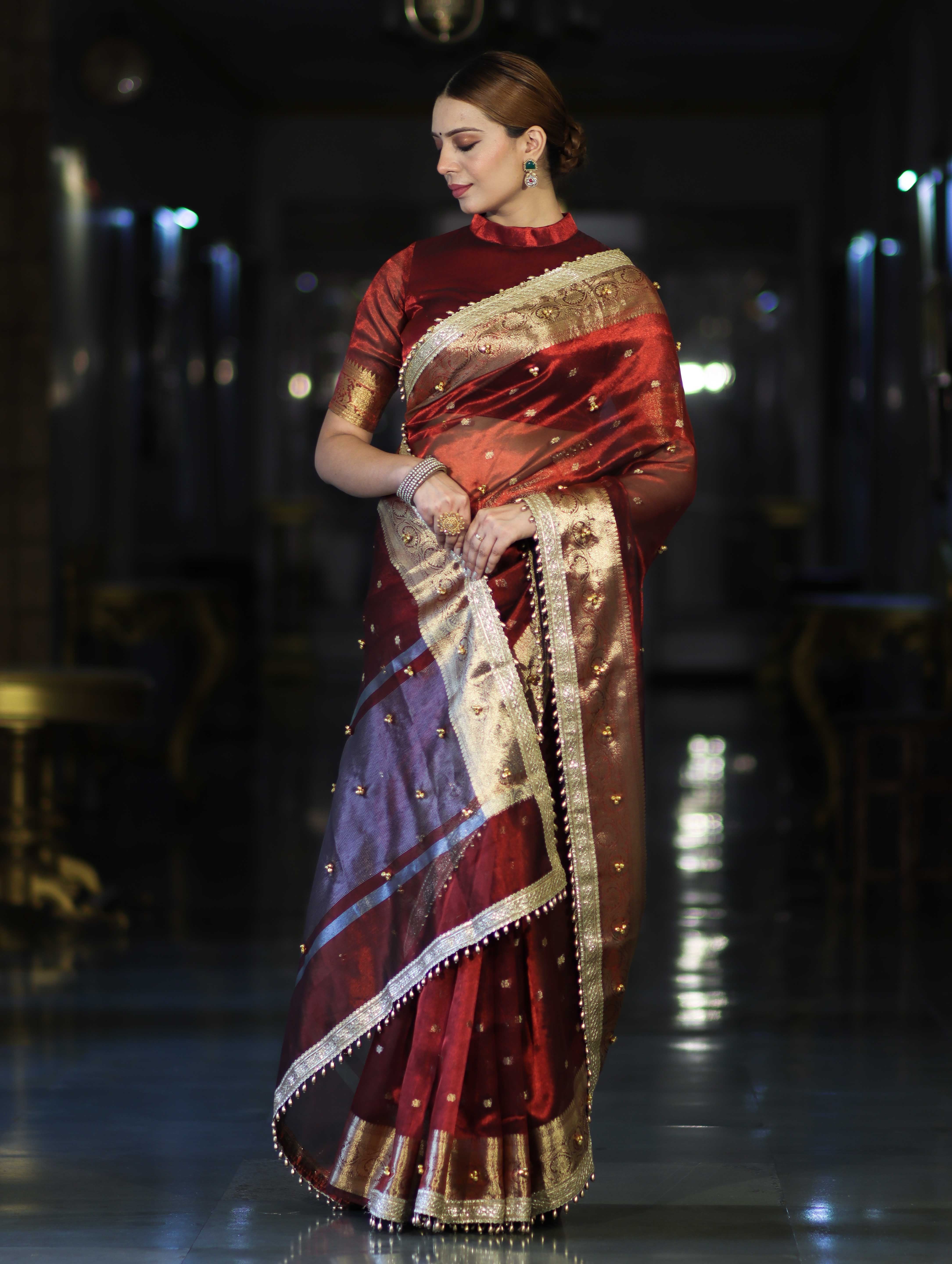 Banarasee Handwoven Tissue Saree With Embroidered Ghungroo Work-Maroon