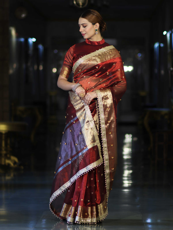Banarasee Handwoven Tissue Saree With Embroidered Ghungroo Work-Maroon