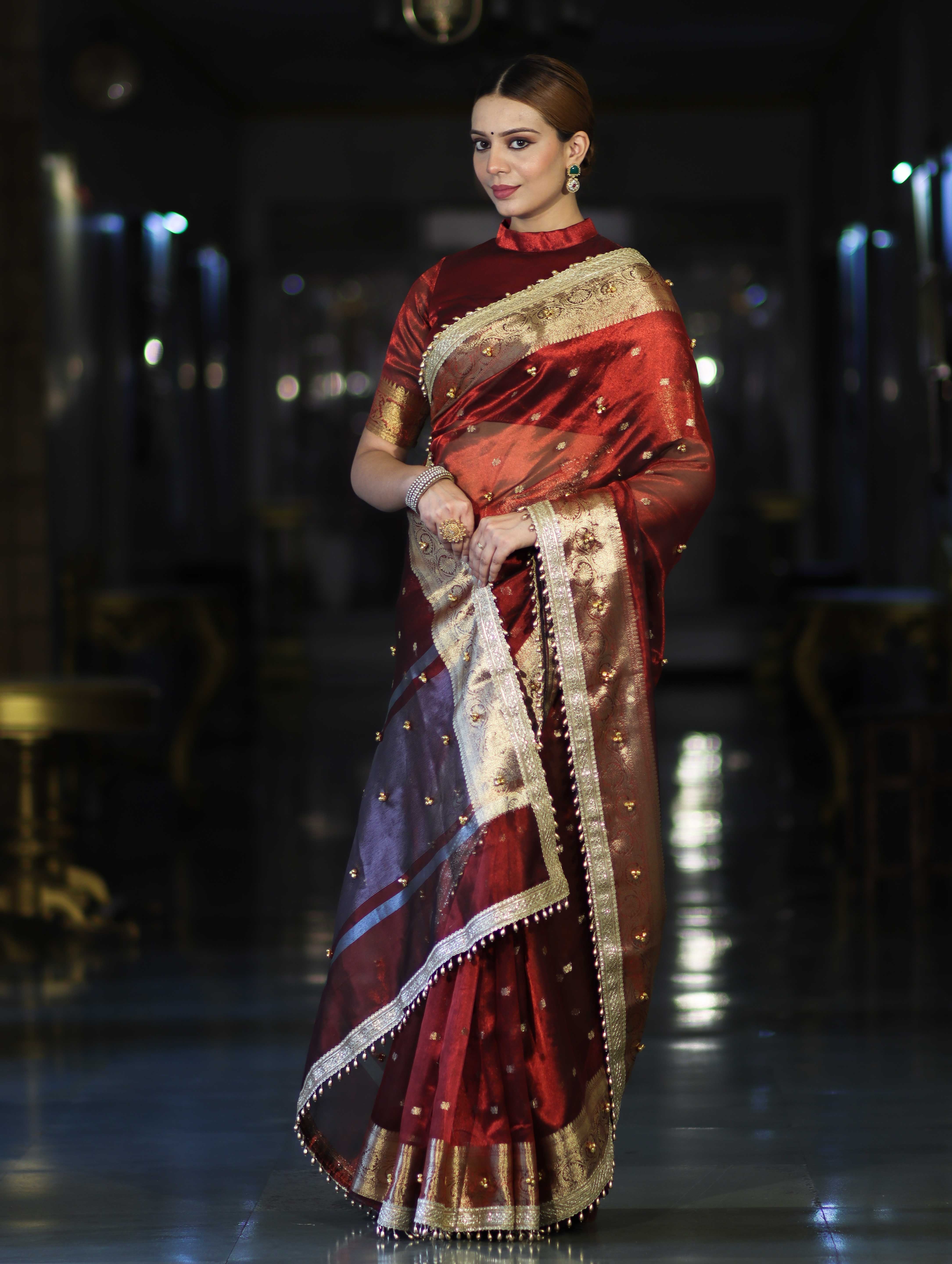 Banarasee Handwoven Tissue Saree With Embroidered Ghungroo Work-Maroon