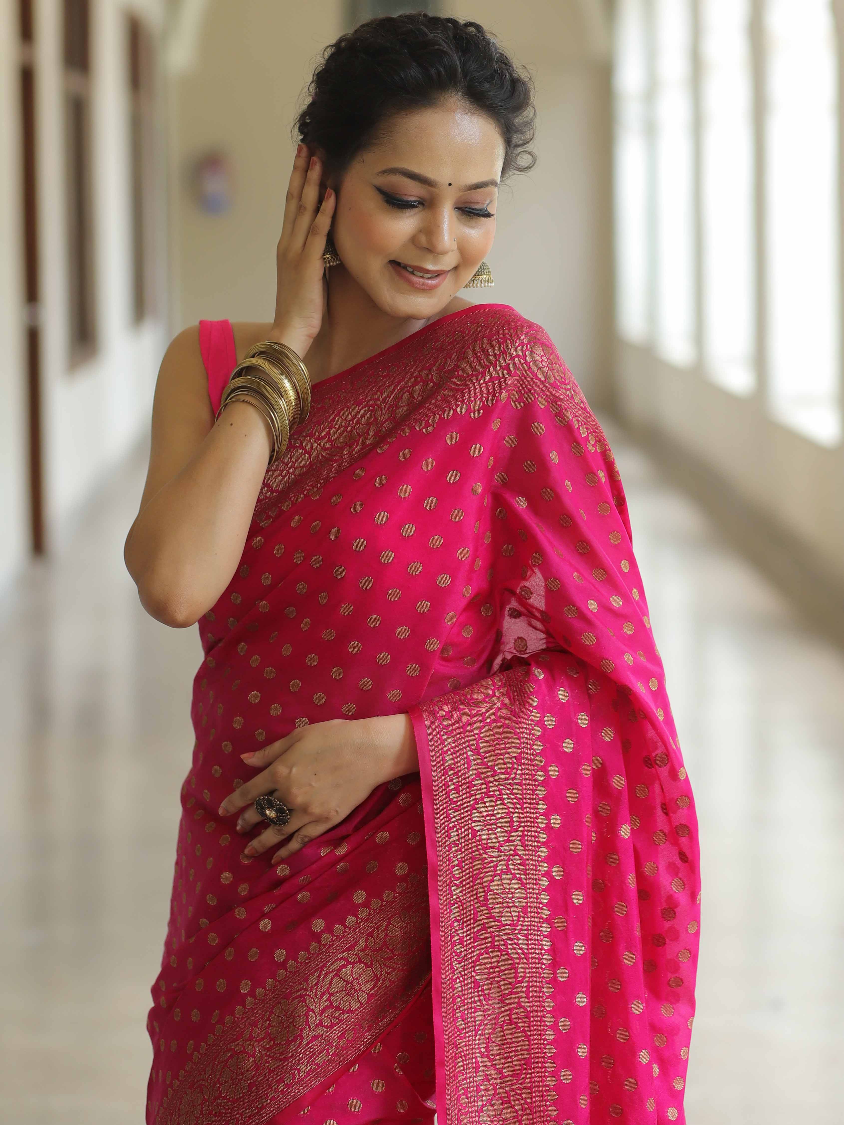 Banarasee Semi-Chiffon Saree With Antique Gold Zari Work-Pink