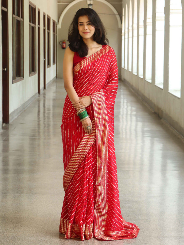 Banarasee Semi Silk Saree With Leheriya Design & Zari Border-Red
