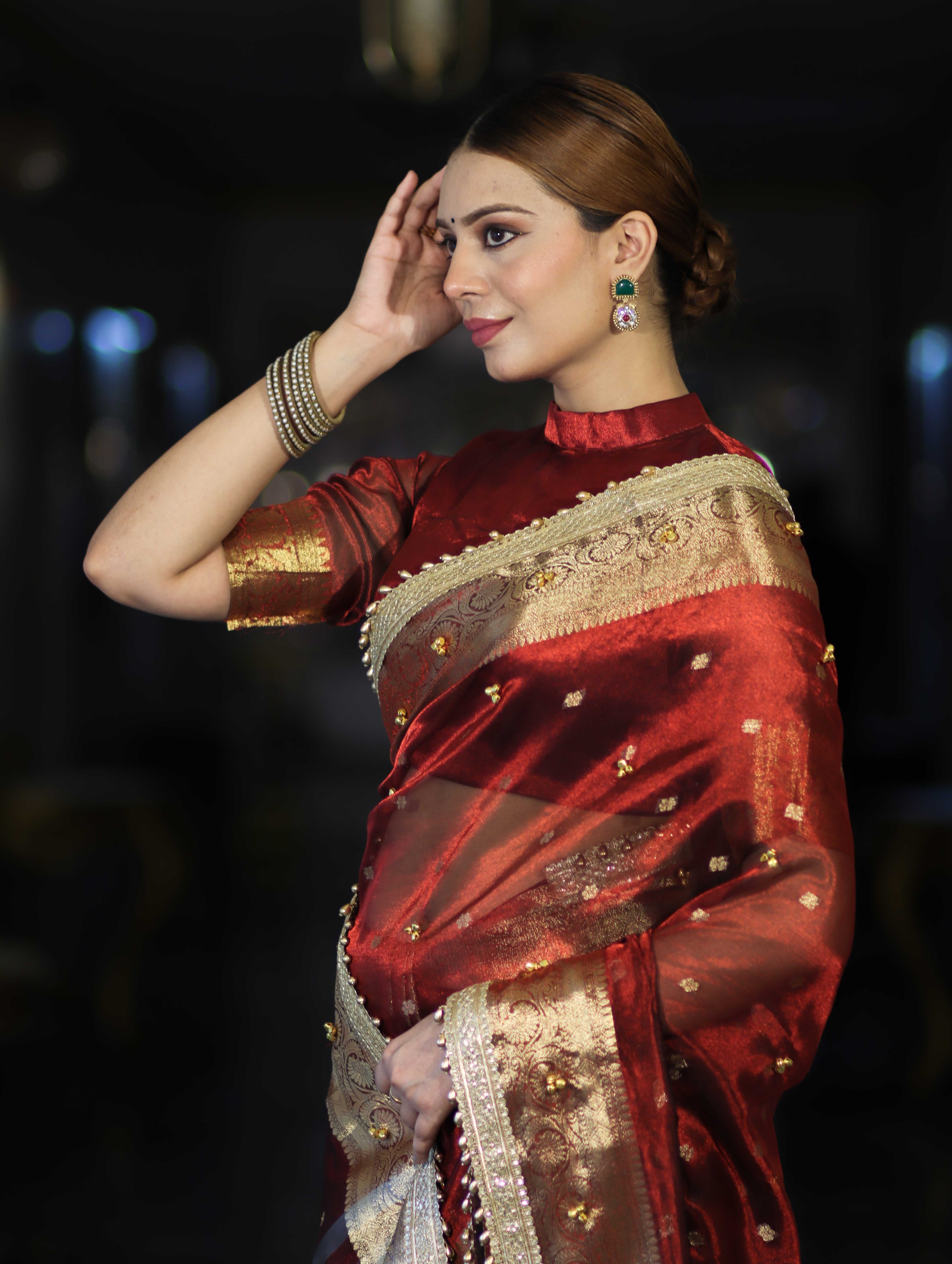 Banarasee Handwoven Tissue Saree With Embroidered Ghungroo Work-Maroon