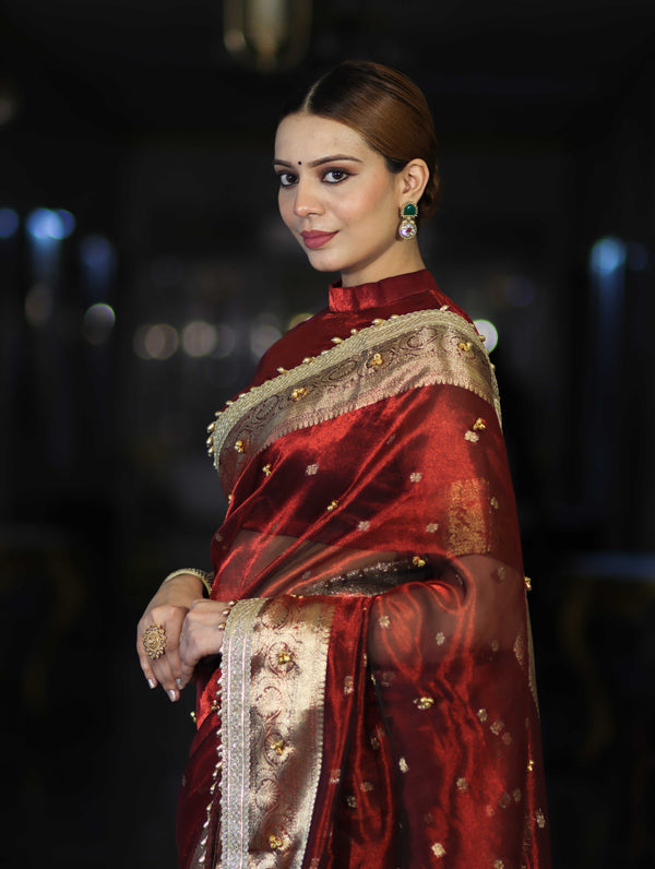 Banarasee Handwoven Tissue Saree With Embroidered Ghungroo Work-Maroon