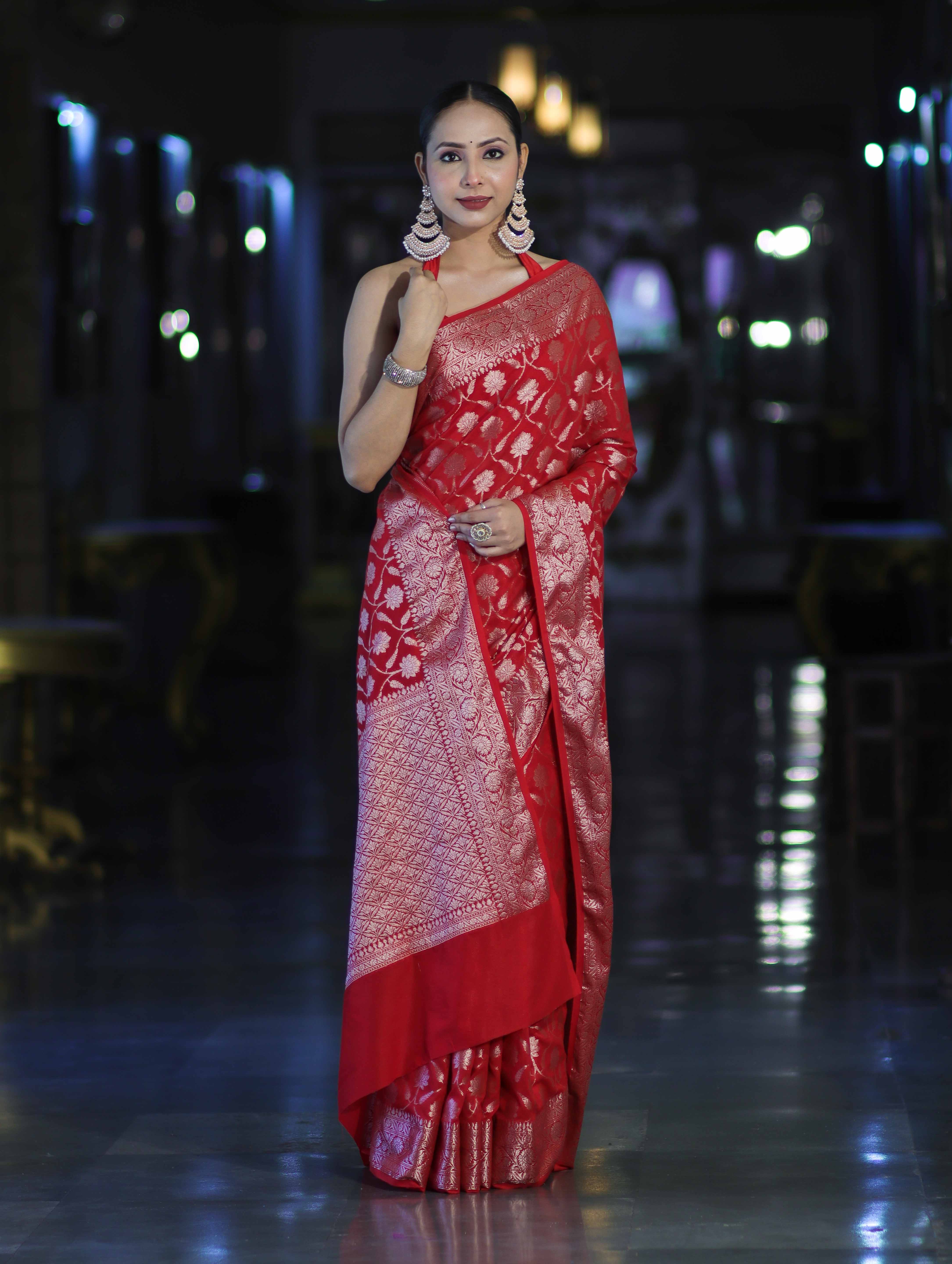 Banarasee Handwoven Georgette Saree With Zari Jaal Design & Border-Red