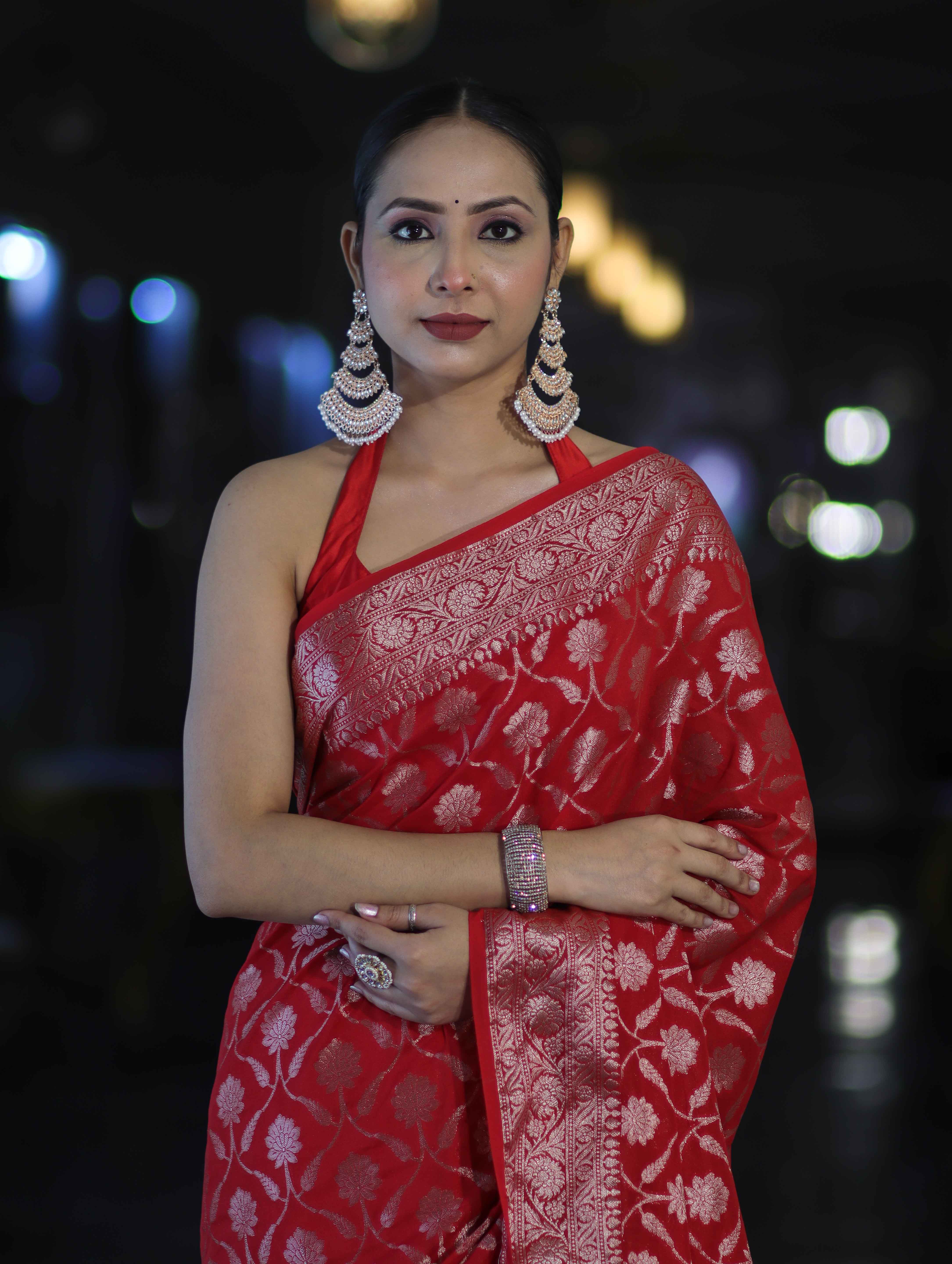 Banarasee Handwoven Georgette Saree With Zari Jaal Design & Border-Red