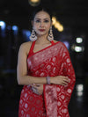 Banarasee Handwoven Georgette Saree With Zari Jaal Design & Border-Red