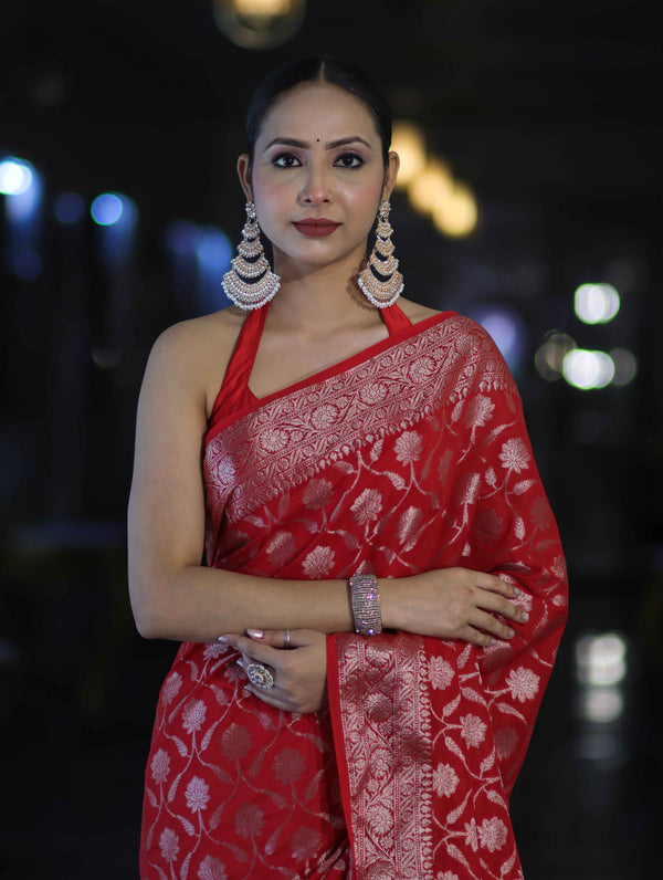 Banarasee Handwoven Georgette Saree With Zari Jaal Design & Border-Red